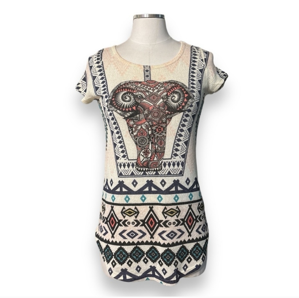 SCOTTY Mandala Elephant Tribal Print Scoop Neck Top